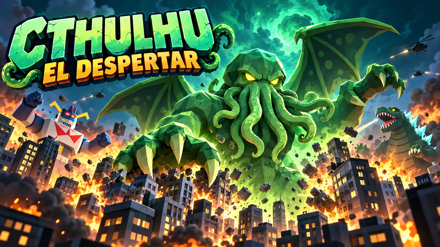 Portada il·lustrada de Cthulhu: El despertar, amb Cthulhu gegant i els seus rivals sembrant el caos a la ciutat.