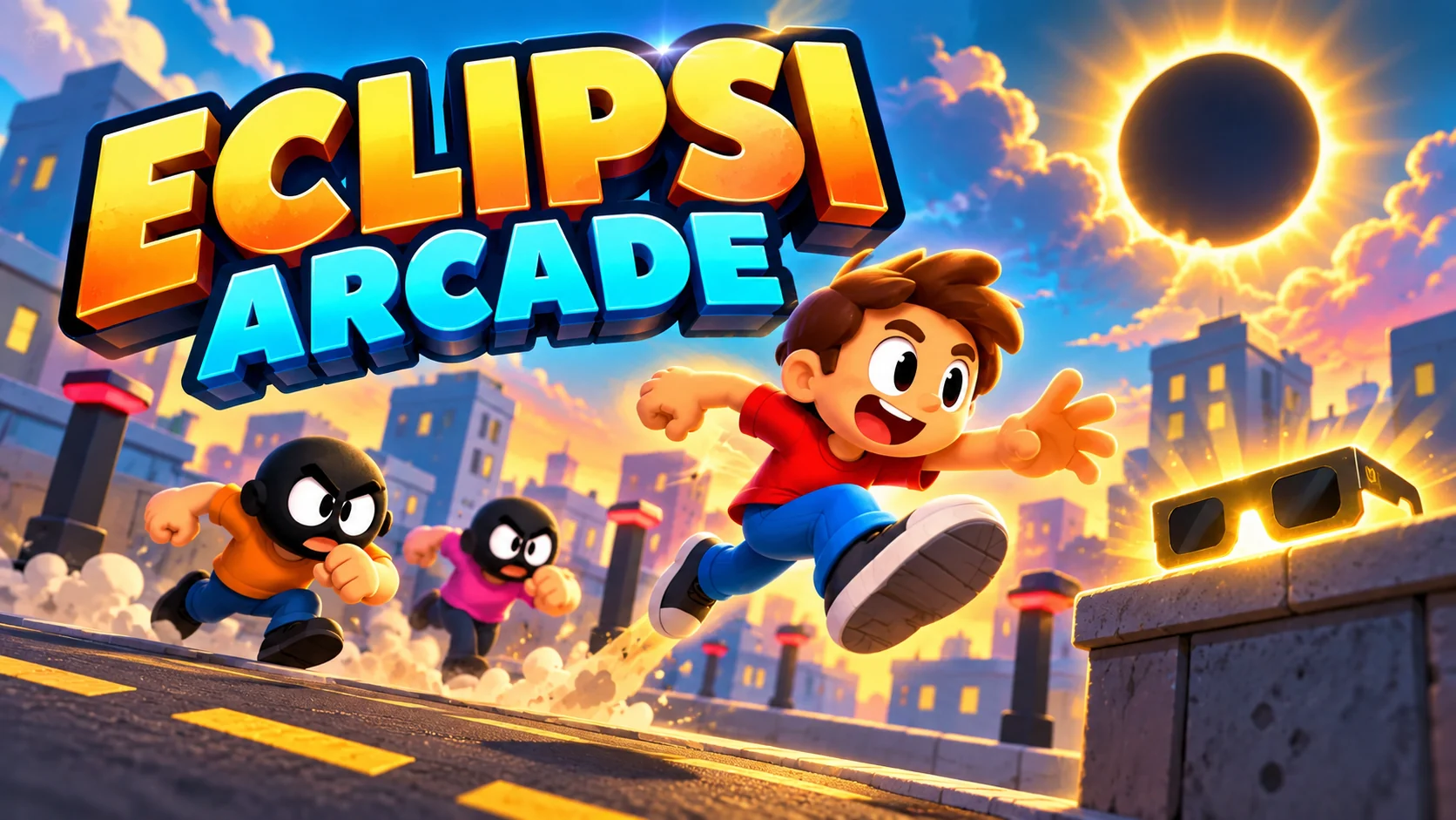 Portada il·lustrada d’Eclipsi Arcade, amb l’heroi saltant entre enemics emmascarats i un eclipsi sobre la ciutat.