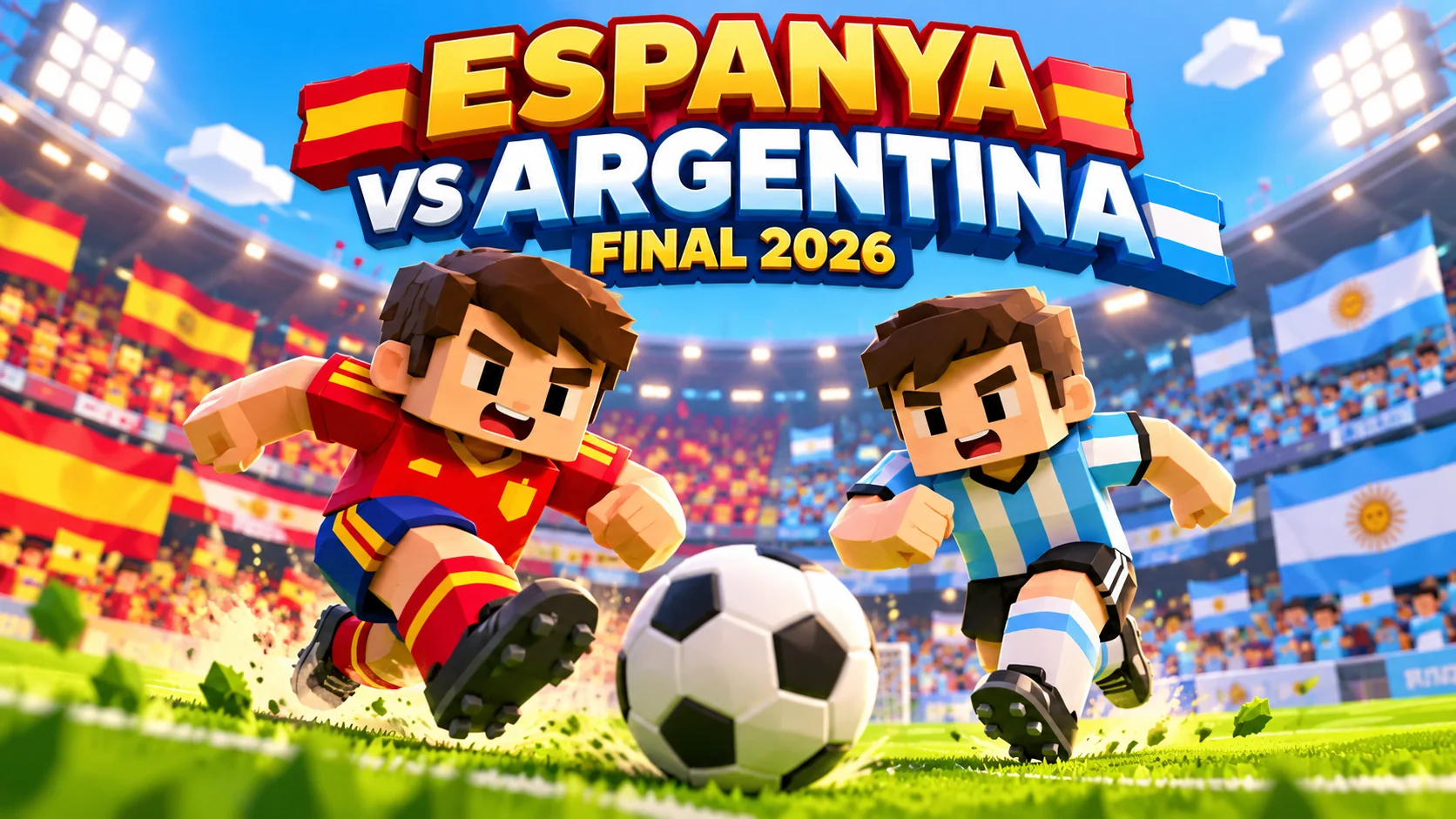 Portada il·lustrada d’Espanya vs Argentina: dos futbolistes disputen la pilota sota els focus de l’estadi.