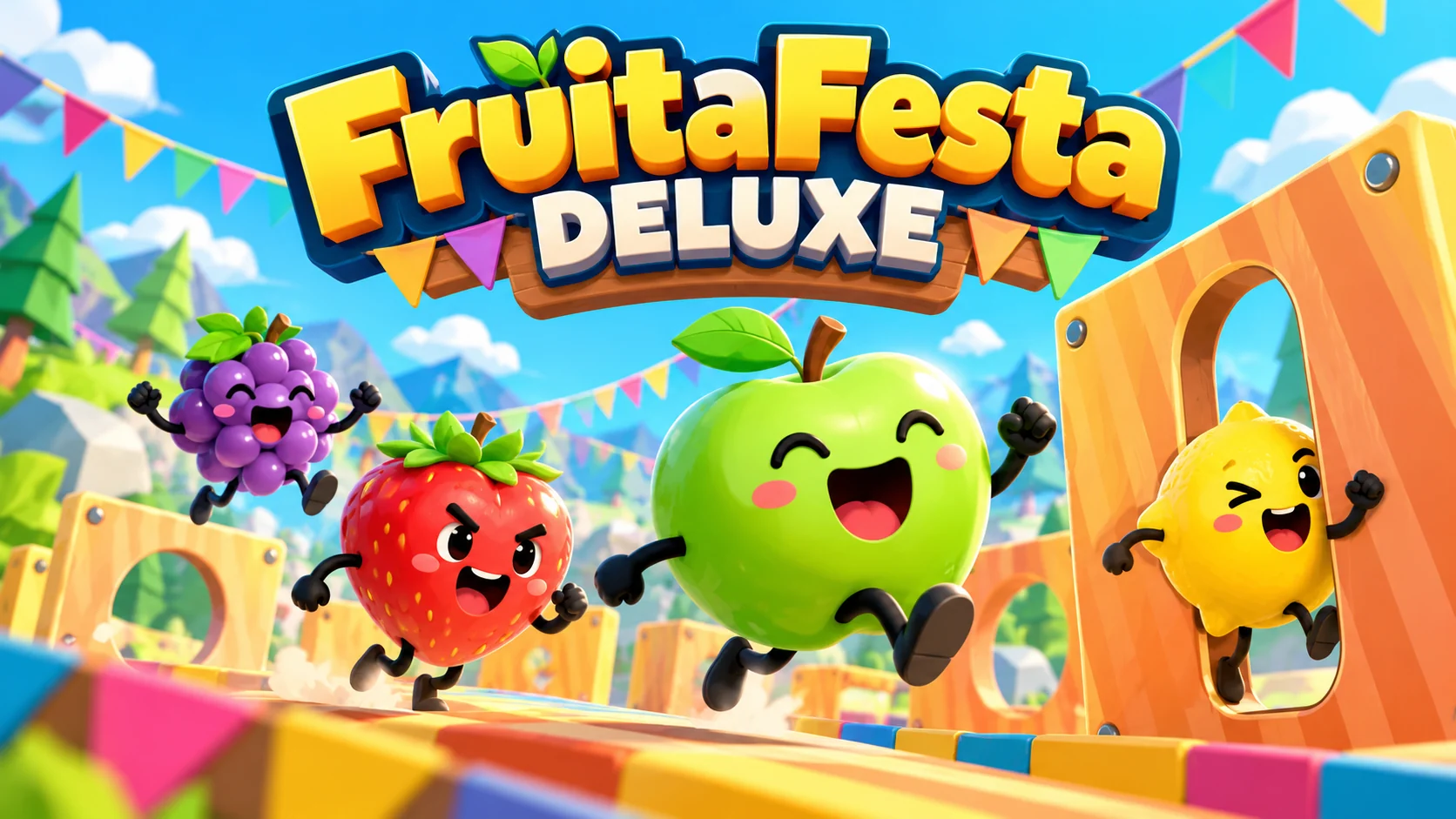 Portada il·lustrada de FruitaFesta Deluxe amb una poma, una maduixa, una llimona i raïm competint en una festa de minijocs.