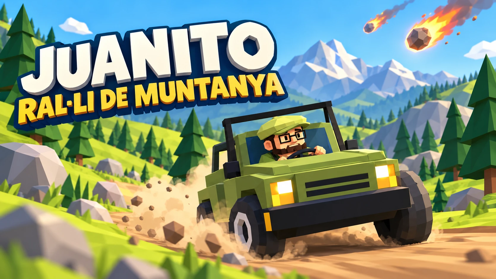 Portada il·lustrada de Juanito: Ral·li de Muntanya, amb el cotxe verd, Juanito al volant i meteorits sobre el Pirineu.