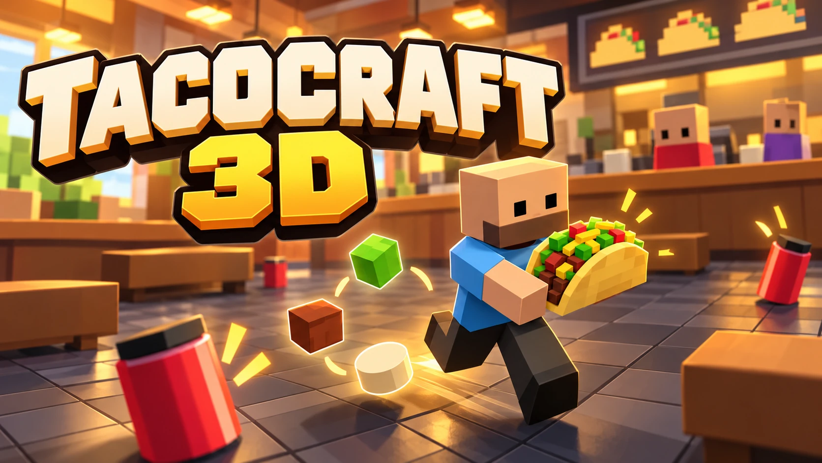 Portada il·lustrada de TacoCraft 3D amb personatges quadrats, tacos i ingredients en una cuina arcade.